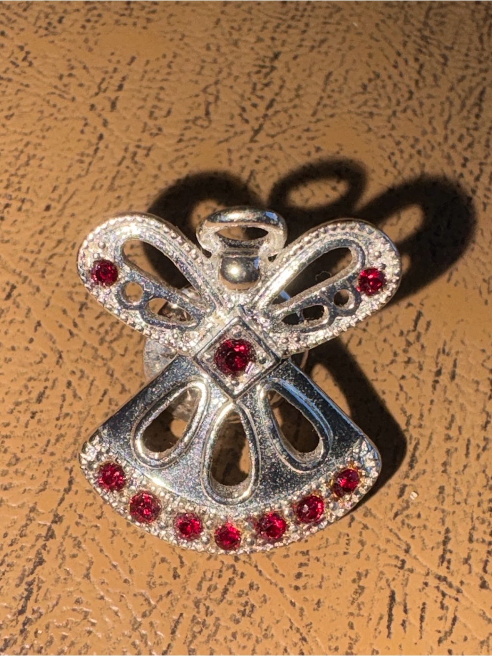 Vintage Angel Brooch Red Rhinestone Silver Tone Guardian Angel Pin